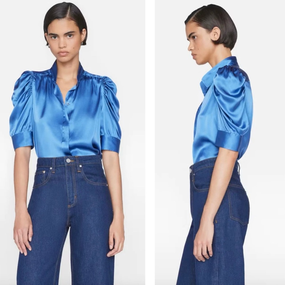 NWT💝FRAME Gillian Silk Collared Puff-Sleeve Top in Slate Blue Size S - Picture 4 of 16